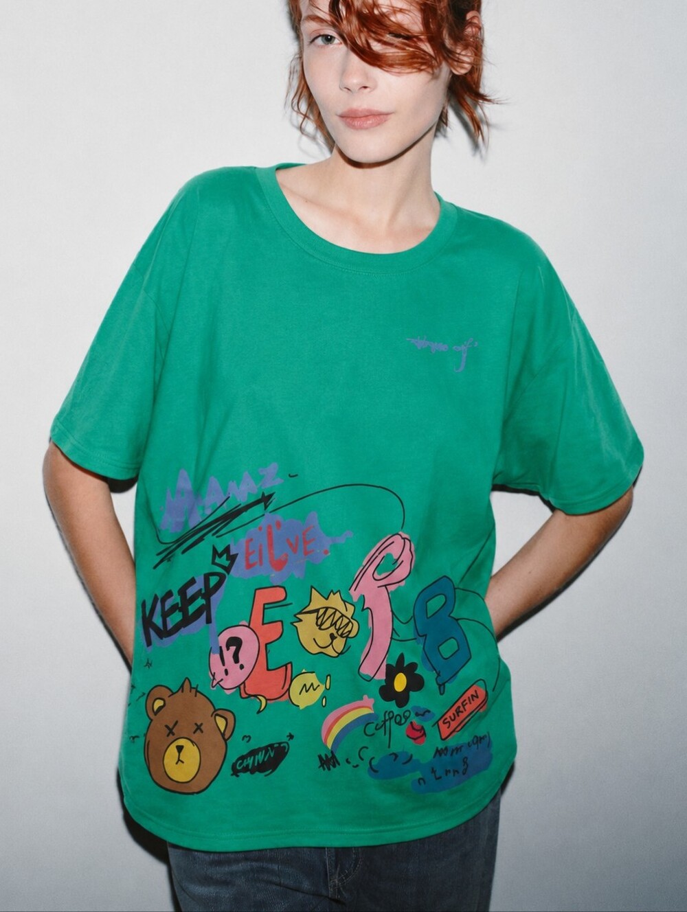 Zara Green Graffiti Graphic Oversized Tee Shirt Size M